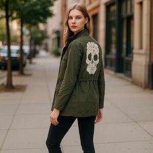 HOT TOPIC Skull Lace Military Jacket Green Gothic Punk Grunge Utility Coat. M